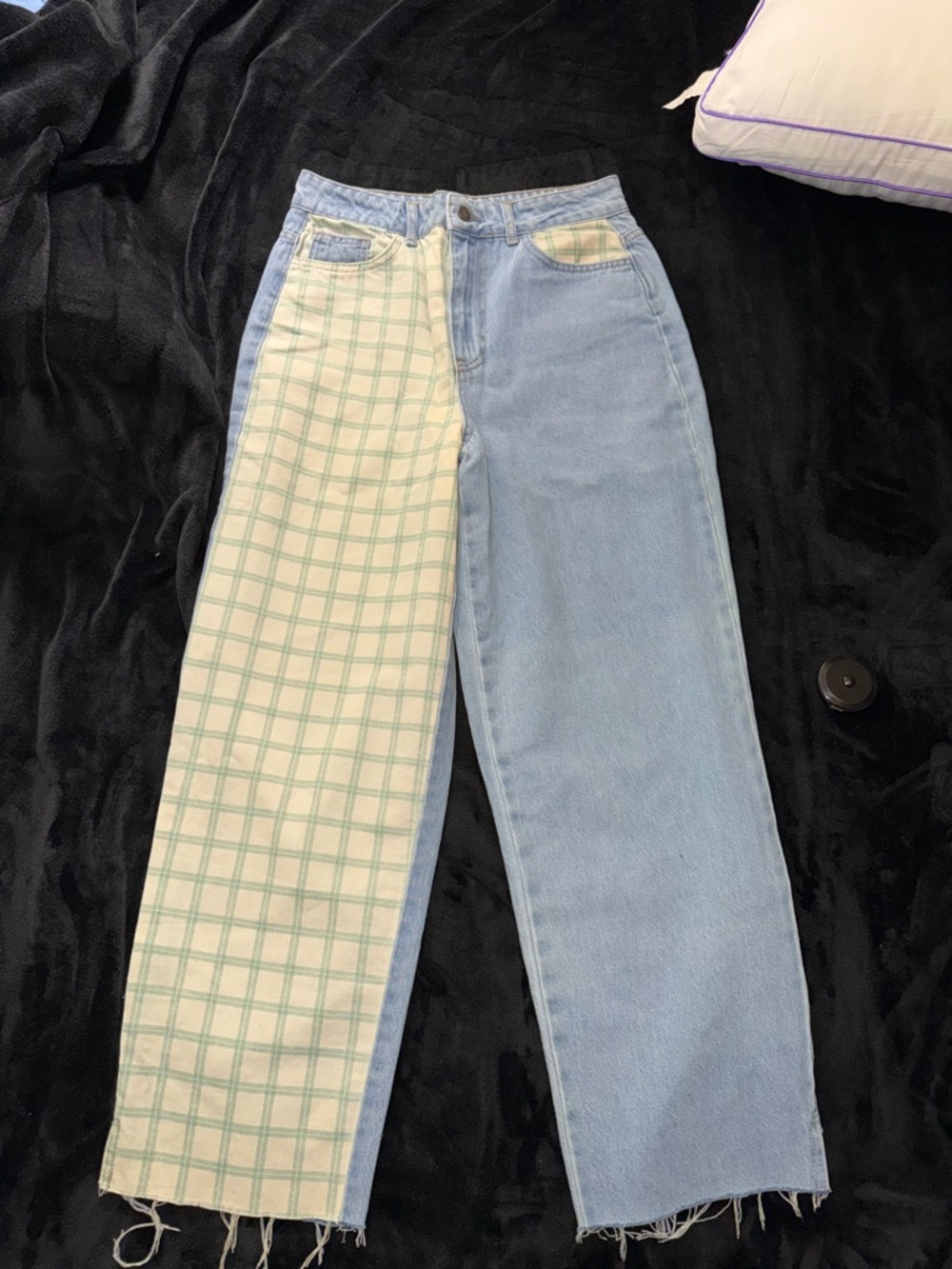 Nasty Gal Two-Tone Straight Leg Jeans in Light Blue & Cream Plaid